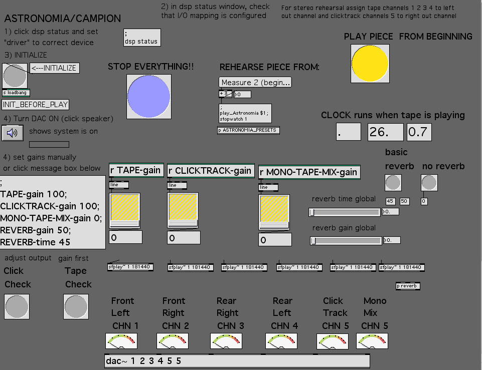 Astronomia Max patch for four-channel tape, click track, mono mix, and reverb control